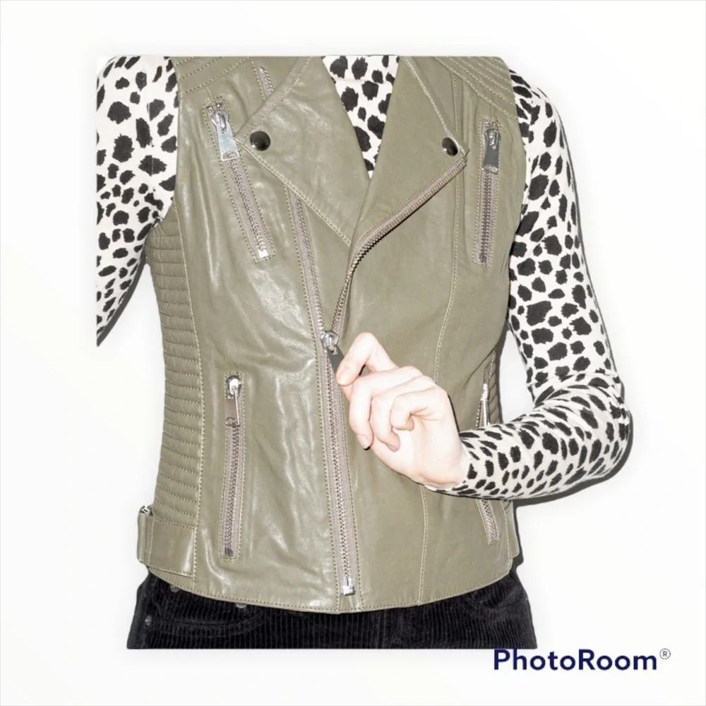 Anine Bing Olive Green Lamb Leather Moto Vest Sleeveless XS